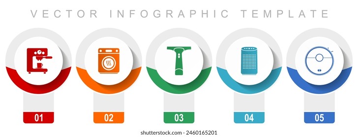 Conjunto de iconos de electrodomésticos, varios iconos vectoriales como cafetera, secadora, limpiador de ventanas y aspiradora, Plantilla infográfica de diseño moderno, Botones de Web en 5 opciones de color