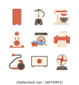 Home appliances icon set = refrigerator, juicer, mixer, weight scale, washing machine, printer, vacuum cleaner, smart tv, fan