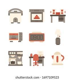 Home appliances icon set = rice cooker, stove, music player, microwave, digital clock, lamp, coffee machine, workplace, kettle