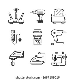 Home Appliances icon set = Router, drill, toaster, socket, cooler dispenser, hair dryer, mixer, iron, sewing machine