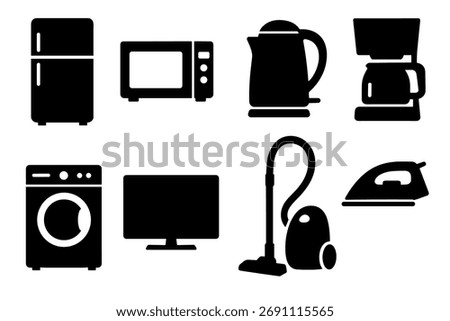 Home appliances icon set. Vector black symbols of fridge, microwave, and electronics glyph illustrations