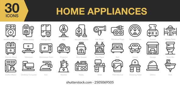 Home Appliances icon sets. Includes washing machine, refrigerator, fan, vacuum, hair dryer, toaster, and More. Outline icons vector collection.