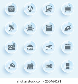 Home appliances icons with buttons on blue background.