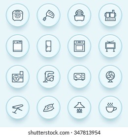 Home appliances icons with buttons on blue background.