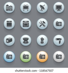 Home appliances icons with color buttons on gray background. Set 3.