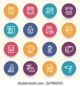Home appliances icons with color buttons on gray background.