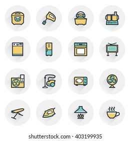 Home appliances icons. Contour lines with color fills. Flat design.