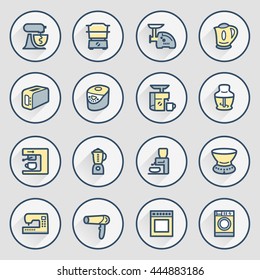 Home appliances icons. Contour lines with color fills. Flat design.