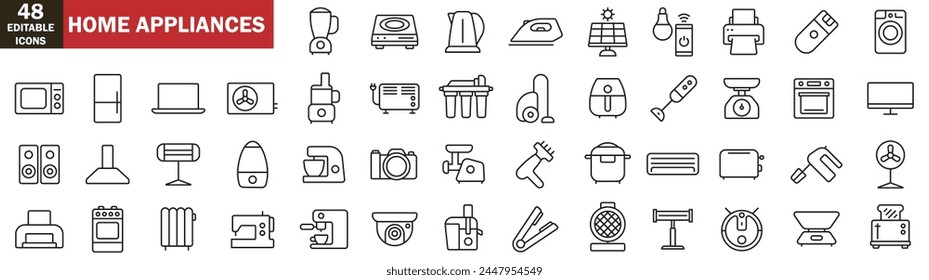 Home appliances icons, electronics icons, efrigerator, freezer, washing machine, cooker oven, electric hob, gas stove, microwave oven, bread maker, toaster, slow cooker white background editable icons