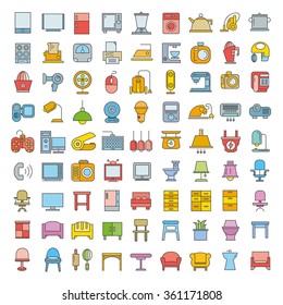 home appliances icons and furniture design icons, color theme