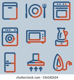 Home appliances icons, light blue contour