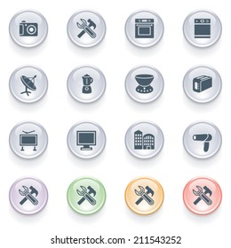 Home appliances icons on color buttons.