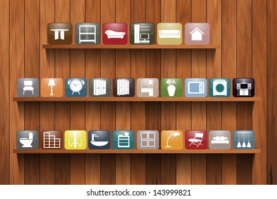 Home appliances icons on wood shelf display, Vector illustration template design