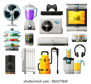 home appliances icons set. collection of elements - fan, blower, mixer, game console, kitchen stove, conditioning, headphones, juice extractor, speaker, radiator, washing machine, tablet, telephone