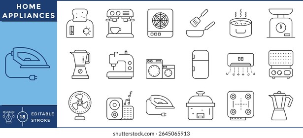 Home appliances icons set. Toaster, stove, induction, balance, coffee pot, blender, fridge, washing machine, iron, fan. Vector editable stroke.