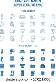 Home appliances Icons set - Vector outline symbols and silhouettes of microwave, refrigerator, oven, cleaner, washer and other home machines for the site or interface