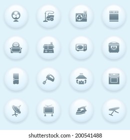 Home appliances icons with white buttons on blue background.