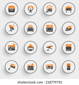 Home appliances icons with white buttons on gray background.