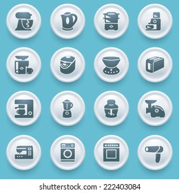 Home appliances icons with white buttons on blue background.