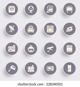 Home appliances icons with white buttons on gray background.