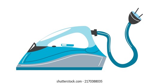 Home appliances, isolated electric iron for clothes steaming. Housekeeping and laundry maintenance, device with wire and socket. Household chores and pieces of equipment. Vector in flat style