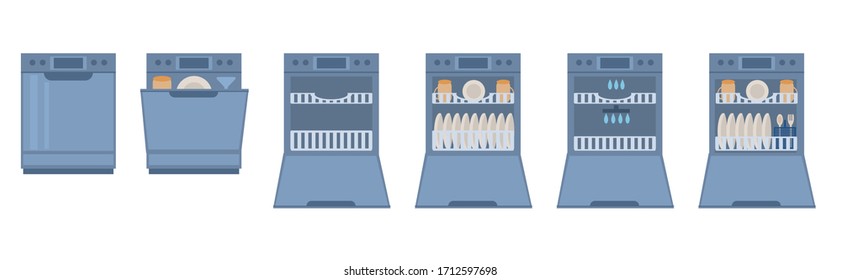 Home appliances isolated on a white background. Dishwasher with open, closed doorempty, with dishes.Modern household appliance for washing utensil, dishware.Flat cartoon style vector illustration.
 