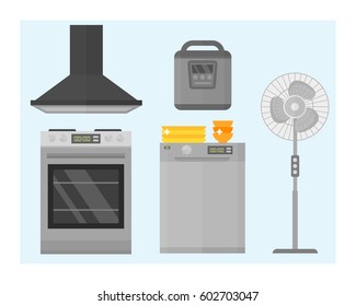 Home appliances kitchen equipment domestic electric tool technology household laundry and cleaning group machine interior electric vector illustration.