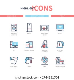 Home appliances - line design style icons set. Household chores and services, electronics. Domestic products, goods categories for online store. Washing machine, TV set, mobile devices and gadgets