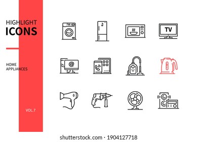 Home Appliances - Line Design Style Icons Set. Hausarbeit und Dienstleistungen, Elektronik. Inländische Waren, Warenkategorien für Online-Geschäfte. Waschmaschine, Fernseher, Mobilgeräte und Geräte