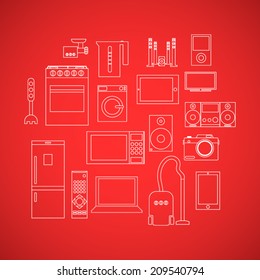 Home appliances line flat icon set with kitchen and audio video objects on red field