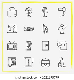 Home Appliances Line Icon Set Vacuum Cleaner, Floor Lamp And Mantle