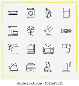 Home Appliances line icon set meat grinder, record player  and iron