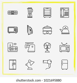 Home Appliances Line Icon Set Ventilator, Mantle And Fridge