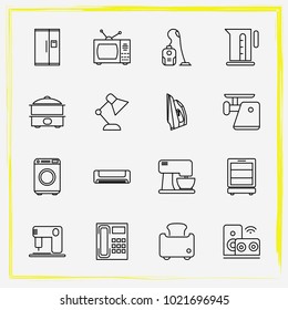 Home Appliances Line Icon Set Phone, Vacuum Cleaner And Mantle