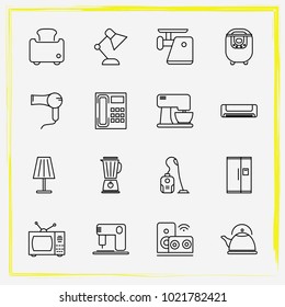 Home Appliances line icon set toaster, table lamp and floor lamp