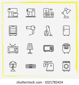 Home Appliances line icon set vacuum cleaner, fan and table lamp