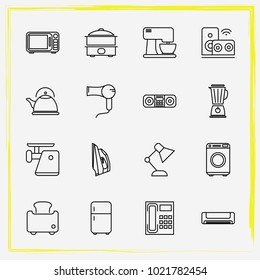 Home Appliances line icon set iron, kettle and microwave oven