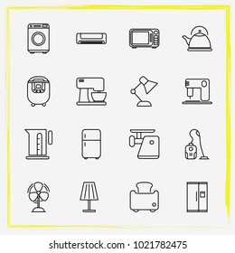 Home Appliances line icon set meat grinder, electric kettle and floor lamp