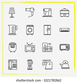 Home Appliances Line Icon Set Mantle, Audio System  And Fridge