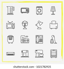 Home Appliances line icon set sewing machine, audio system  and electric kettle