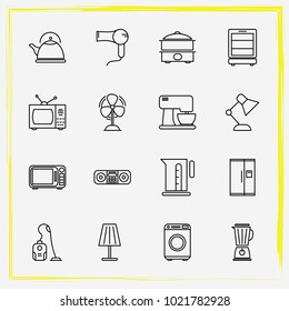 Home Appliances line icon set mantle, washing machine and fan