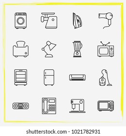 Home Appliances line icon set vacuum cleaner, table lamp and iron
