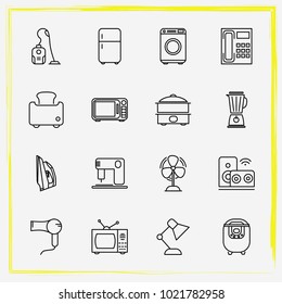 Home Appliances line icon set iron, hair dryer and toaster