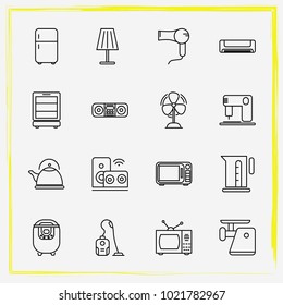 Home Appliances line icon set tv set, hair dryer and wine cabinet