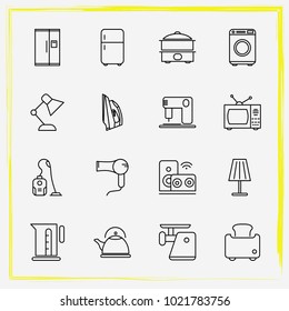 Home Appliances line icon set meat grinder, vacuum cleaner and audio system 