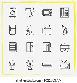 Home Appliances line icon set floor lamp, toaster and fan
