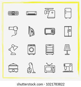 Home Appliances line icon set vacuum cleaner, floor lamp and air conditioning