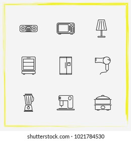 Home Appliances line icon set microwave oven, hair dryer and floor lamp