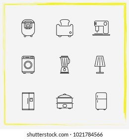 Home Appliances line icon set mantle, toaster and fridge