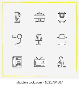 Home Appliances line icon set mantle, toaster and vacuum cleaner